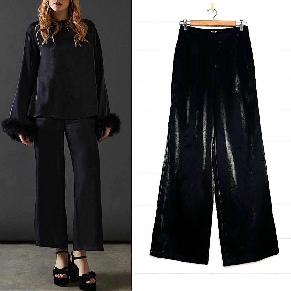 Nasty Gal Iridescent Black Satin Wide Leg Trousers Size 2
